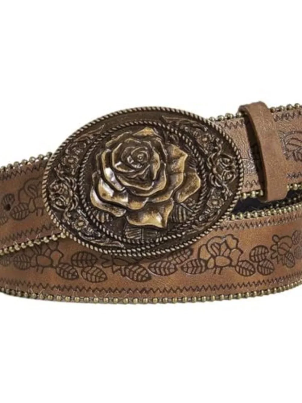 Women Western Belt with Heart Embossed Buckle Vintage Brown Belt for Jeans Pant